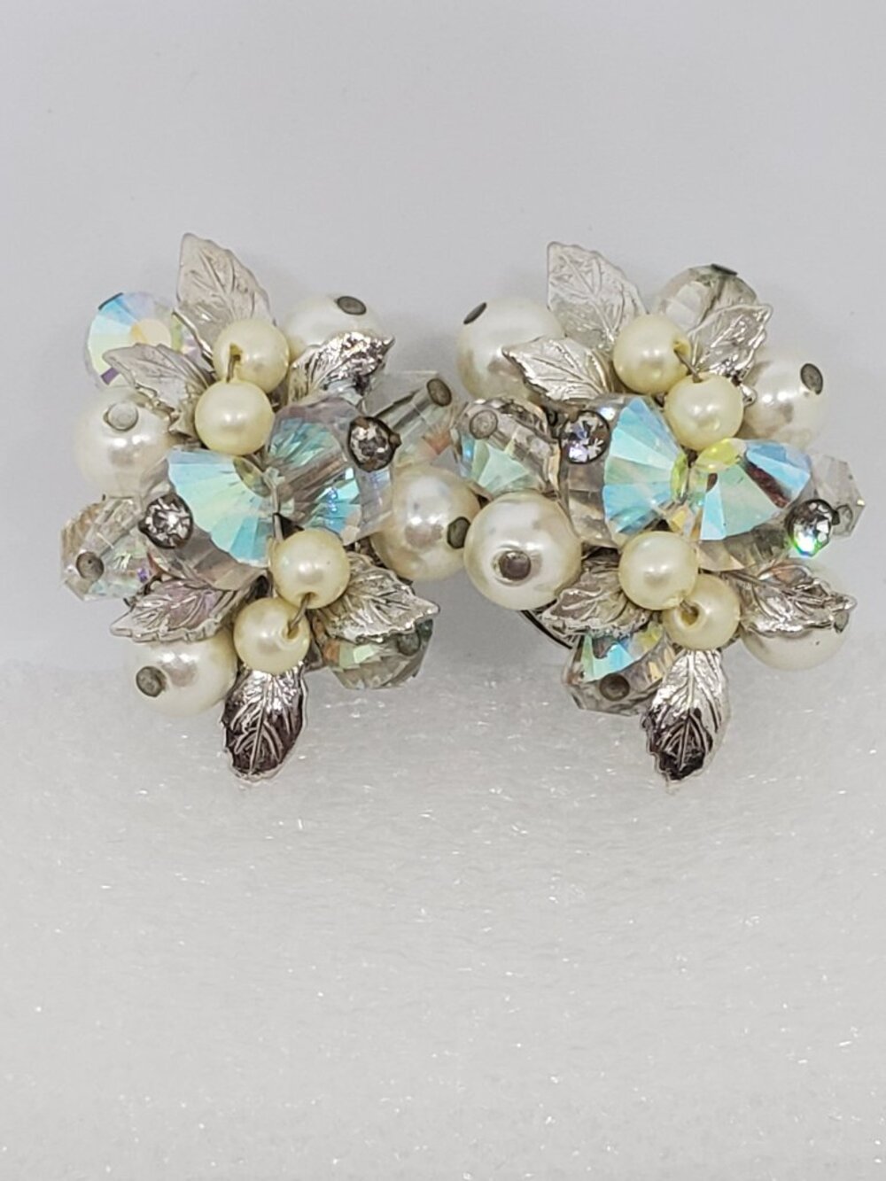 VENDOME Designer Authentic Ice Blue AB Crystal Faux Pearl Cluster Clip Earrings
